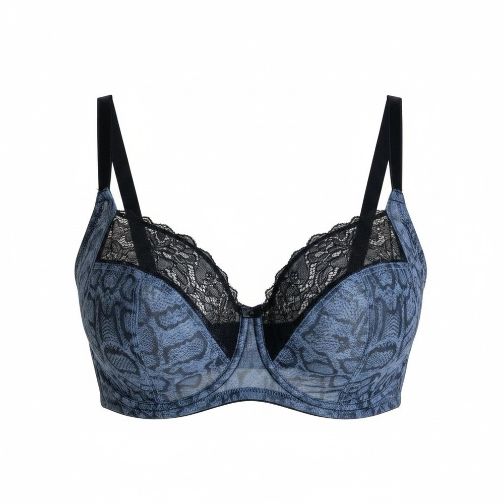 Deja Day Emma Blue Snakeskin Lace Unlined Underwire Bra 38I Full Coverage Mesh